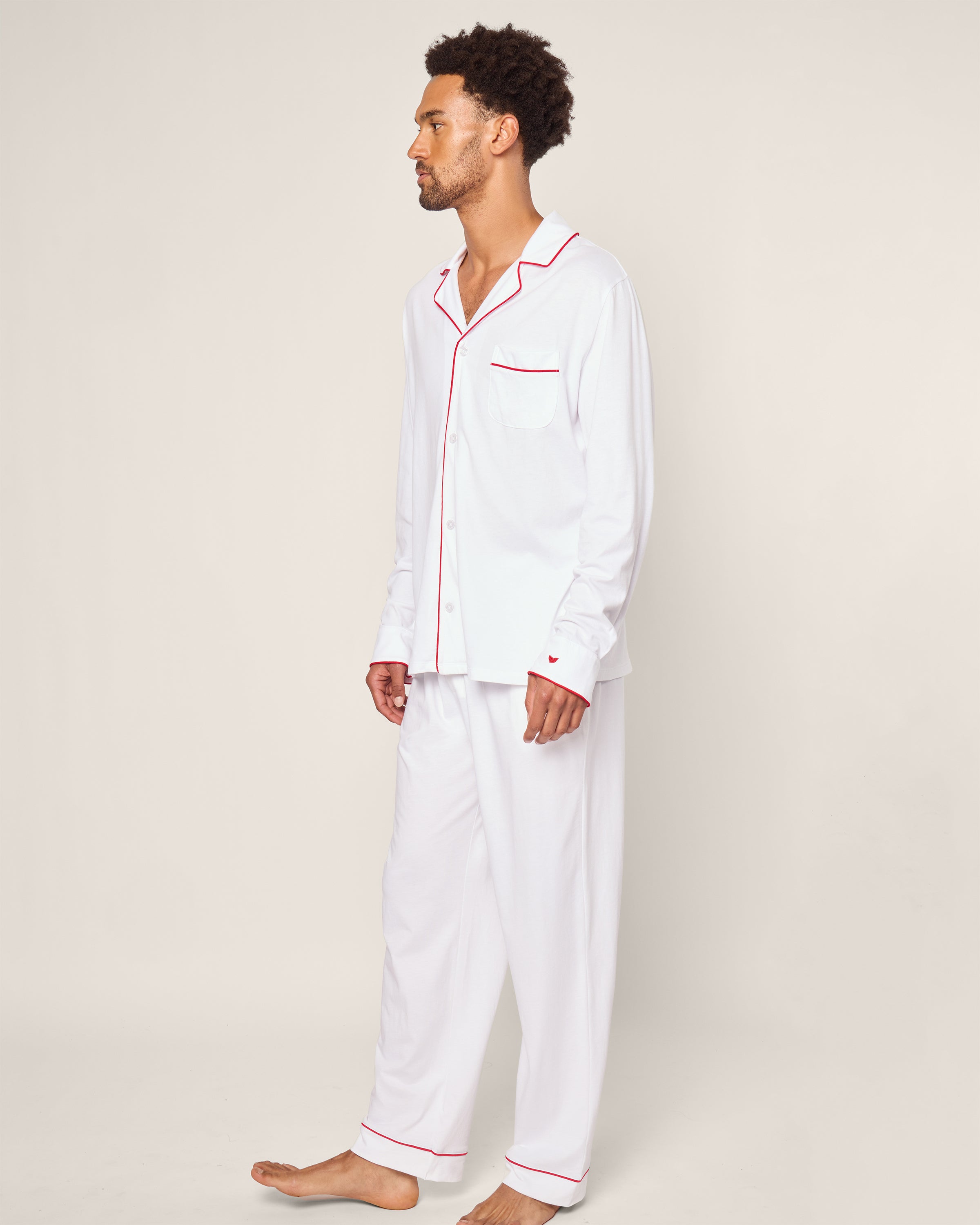 Men's Pima Pajama Set in White with Navy Piping