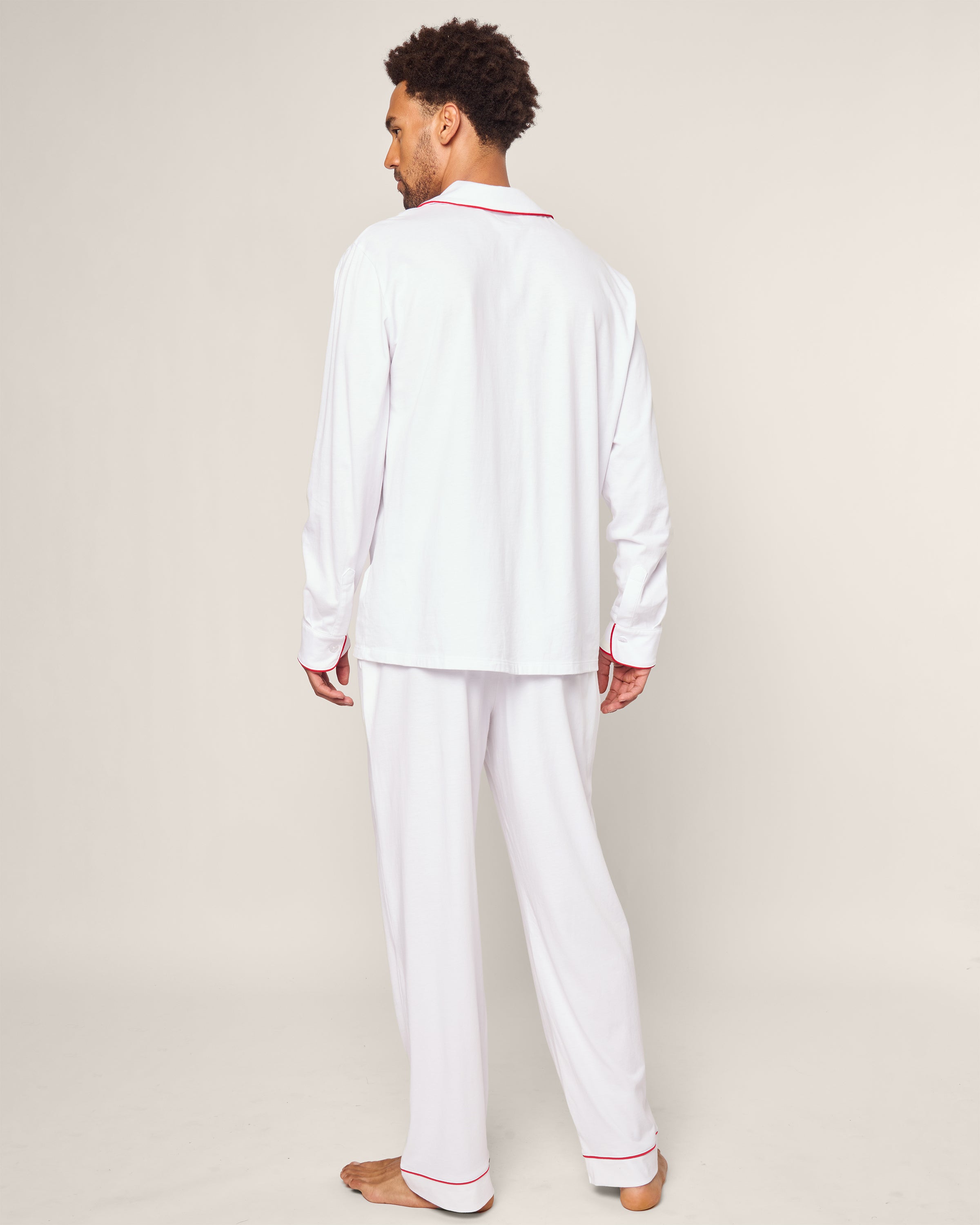 Men's Pima Pajama Set in White with Navy Piping