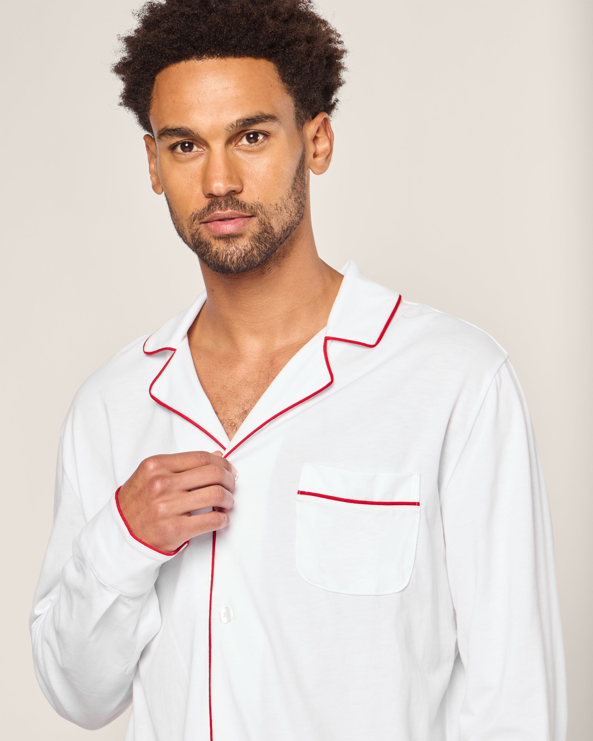 Men's Pima Pajama Set in White with Navy Piping