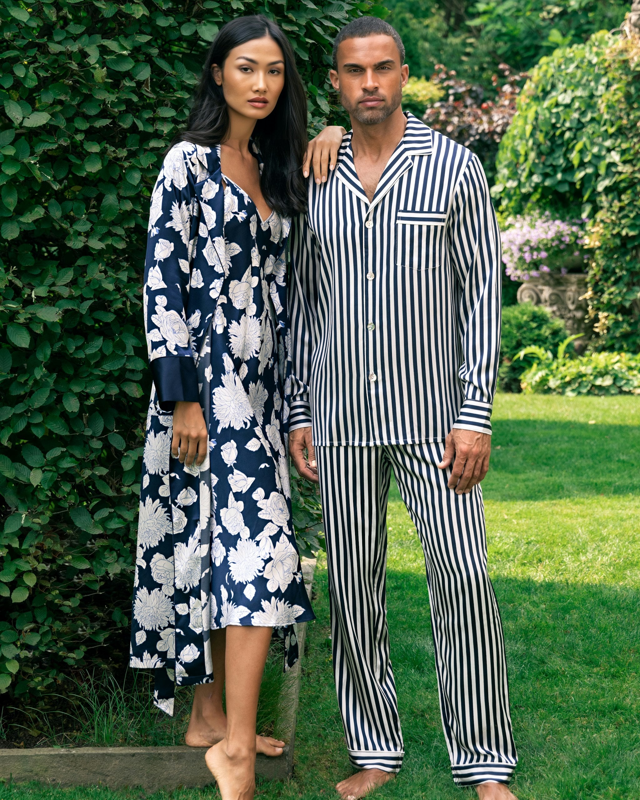 Men's Silk Pajama Set in Black and White Bengal Stripe