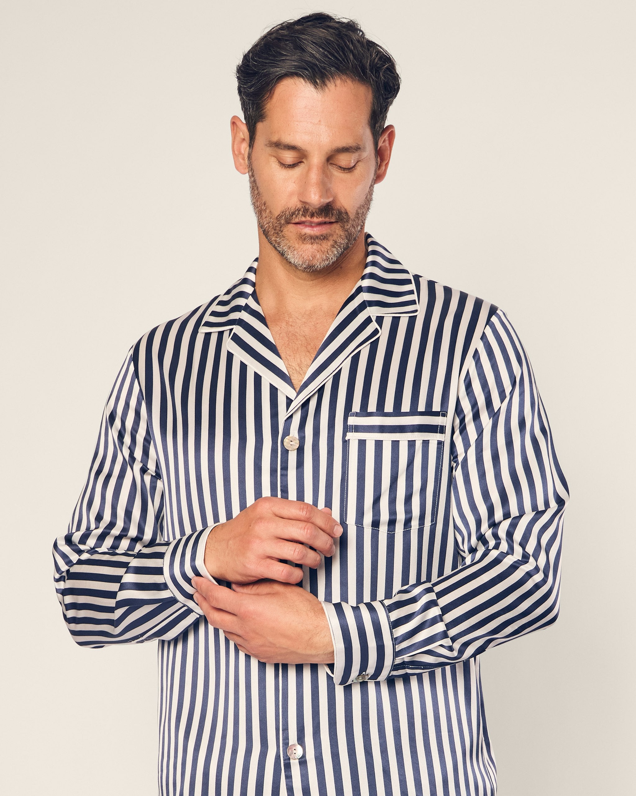 Men's Silk Pajama Set in Black and White Bengal Stripe