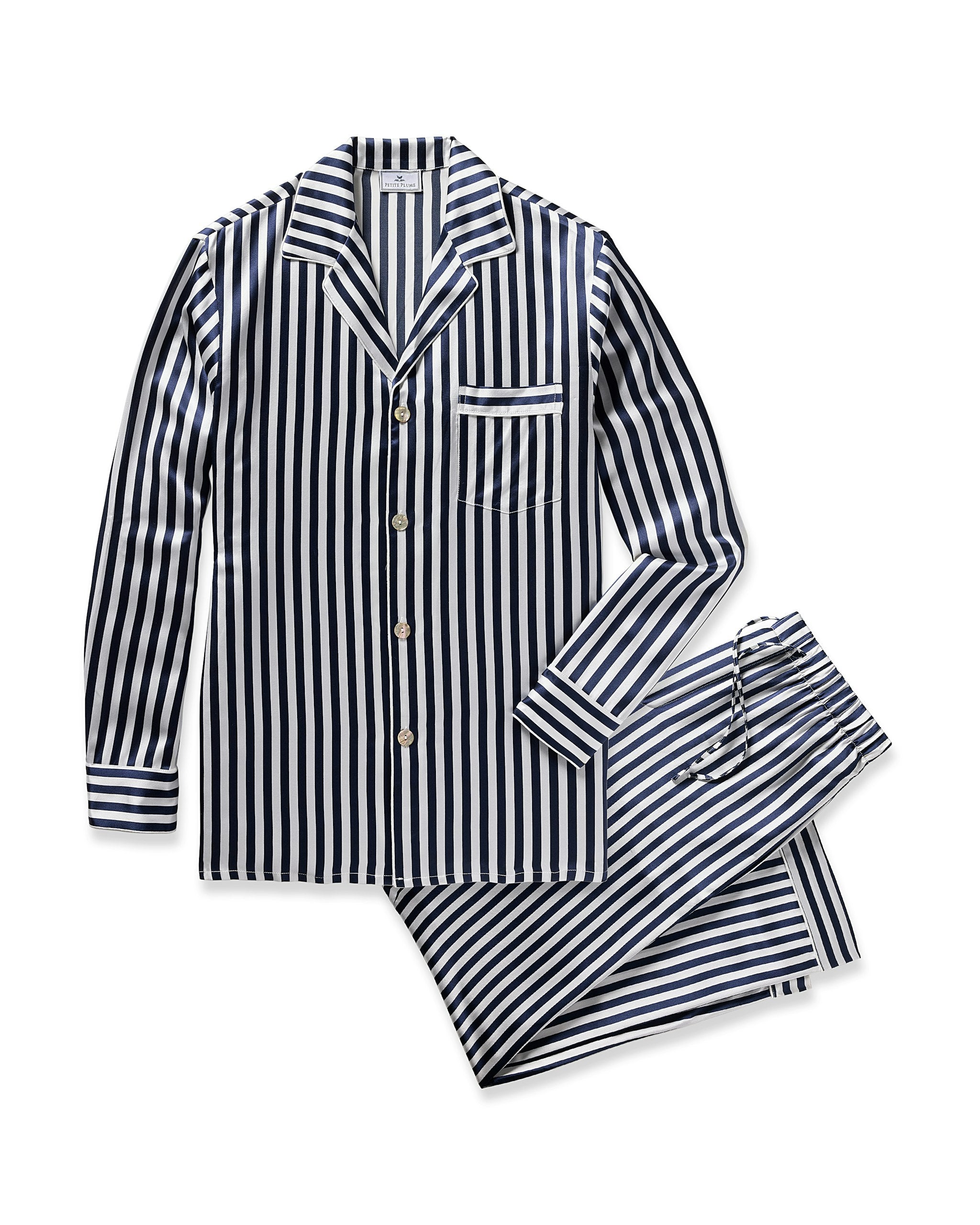 Men's Silk Pajama Set in Navy Bengal Stripe