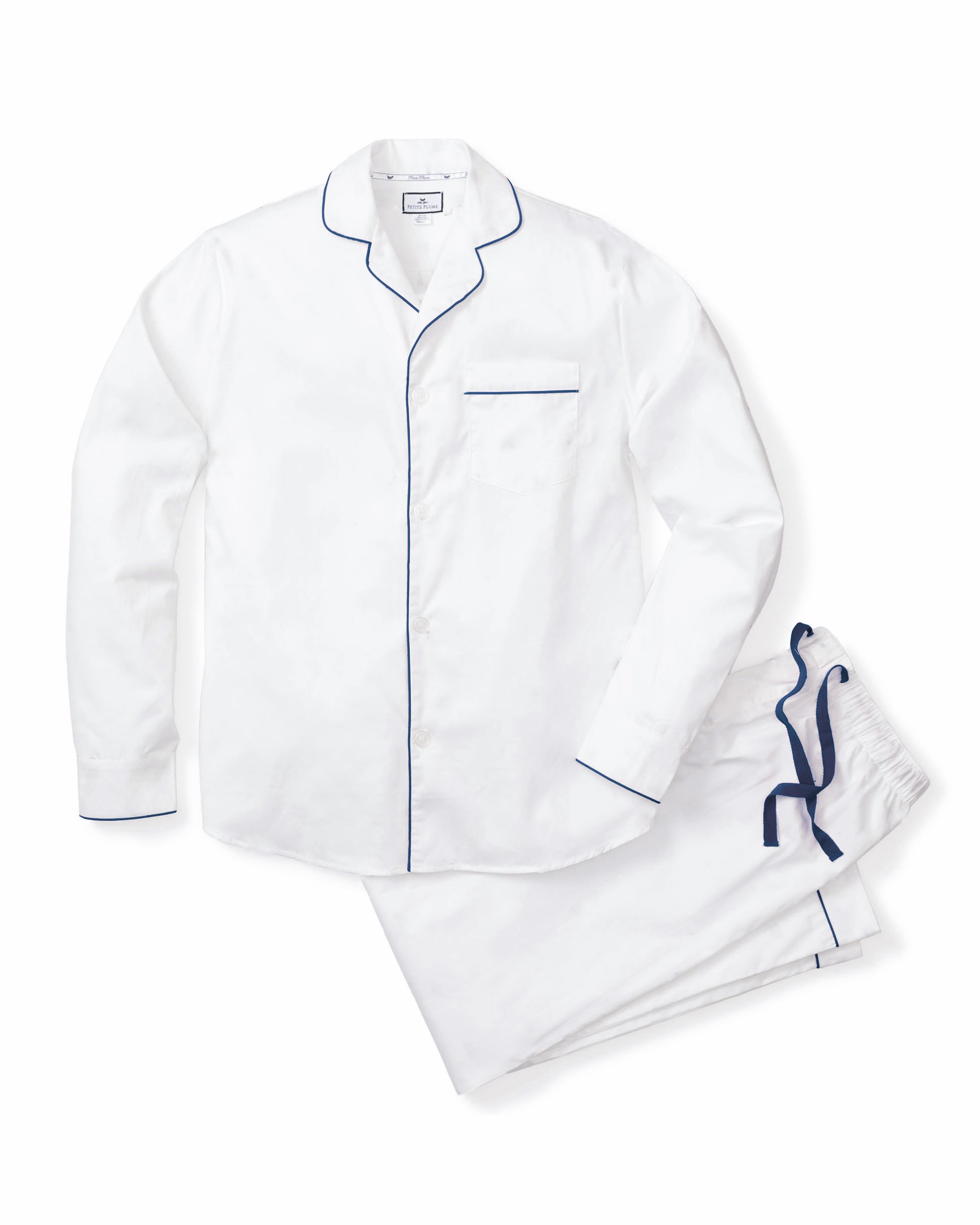 Men's Twill Pajama Set in White with Green Piping