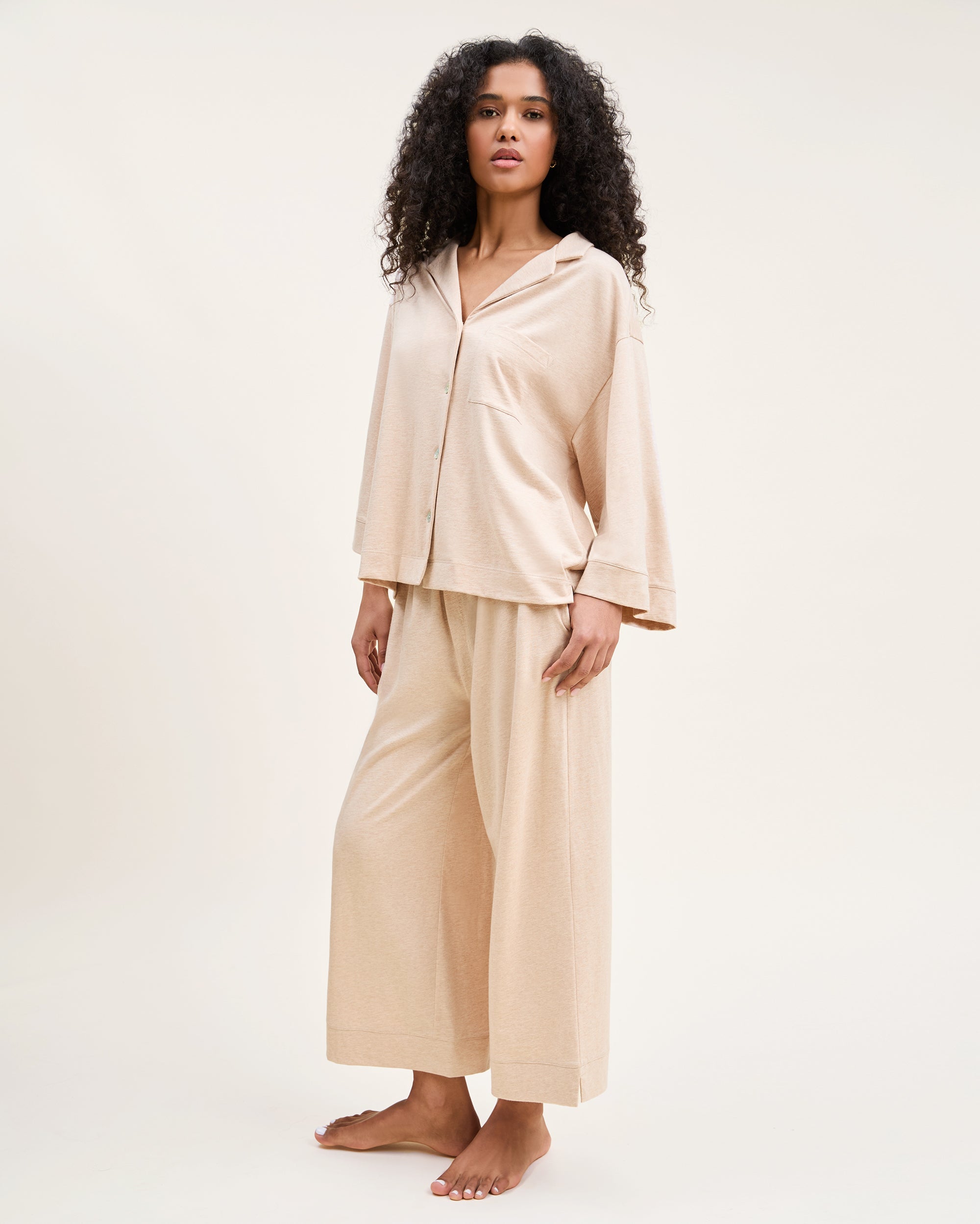 The Olivia Wide Leg Pima Pajama Set in Camel