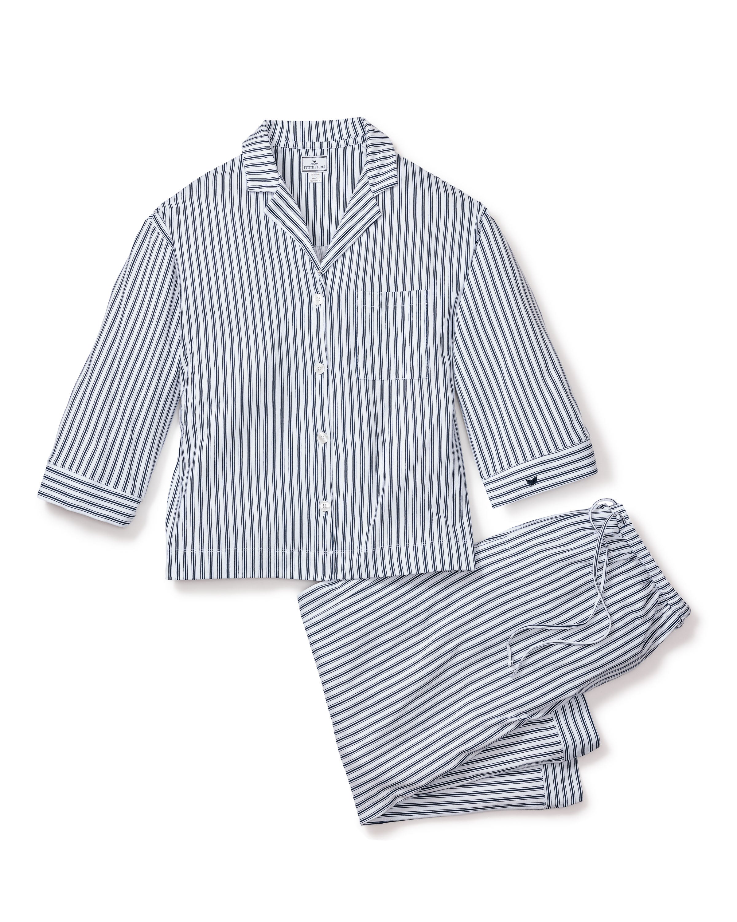 The Olivia Wide Leg Pima Pajama Set in Navy French Ticking