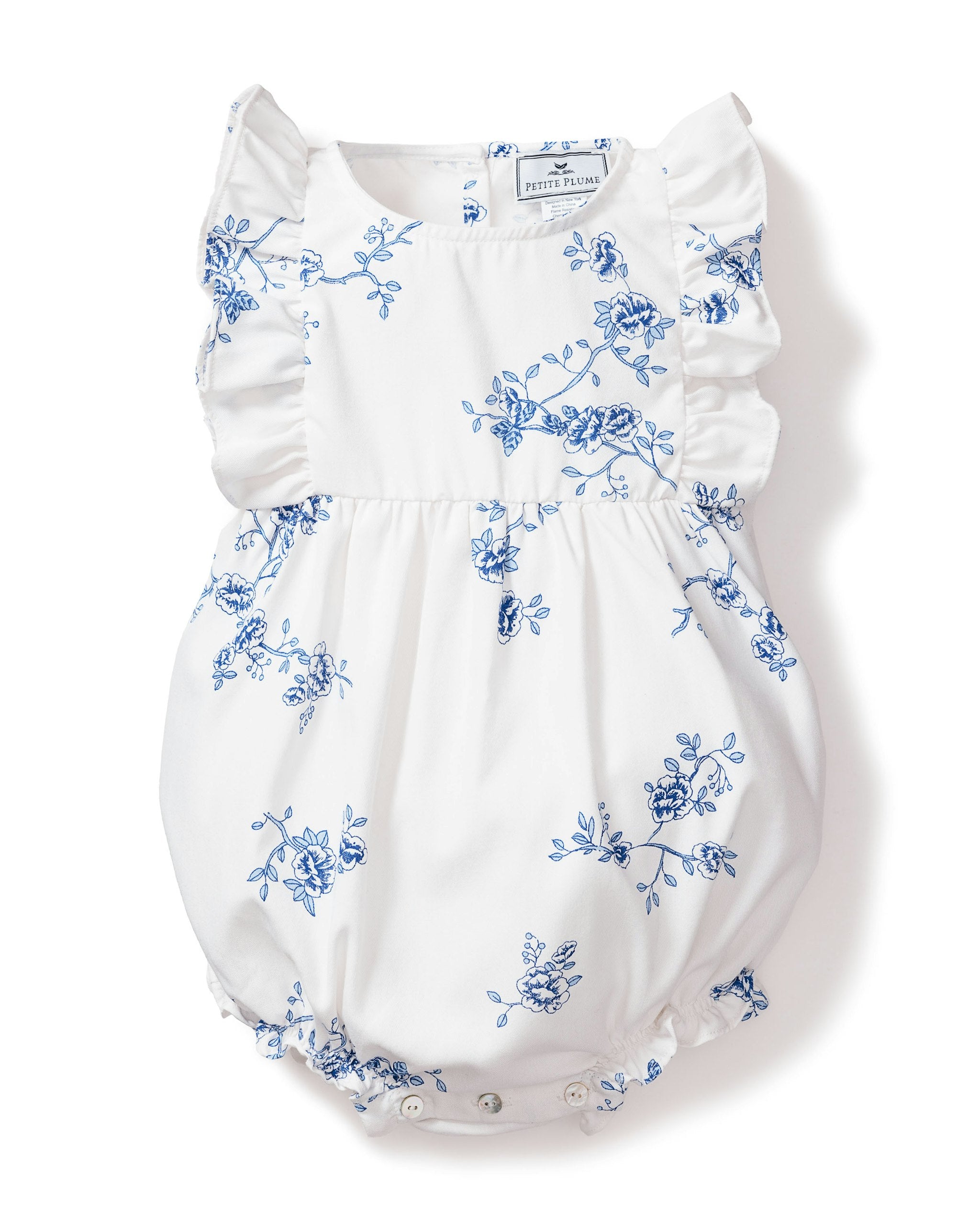 Baby's Ruffled Romper in Indigo Floral