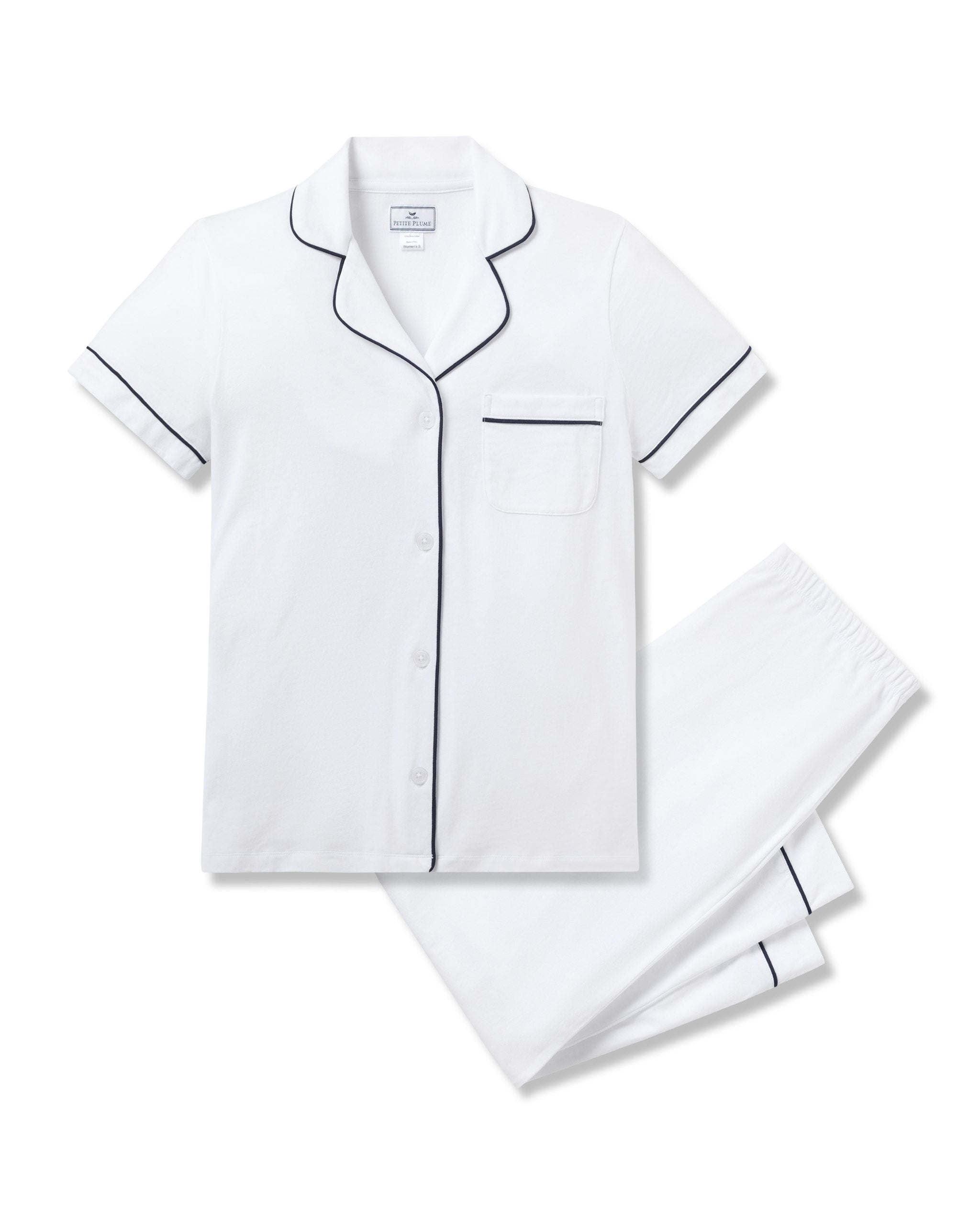 Women's Pima Crop Set in White with Navy Piping