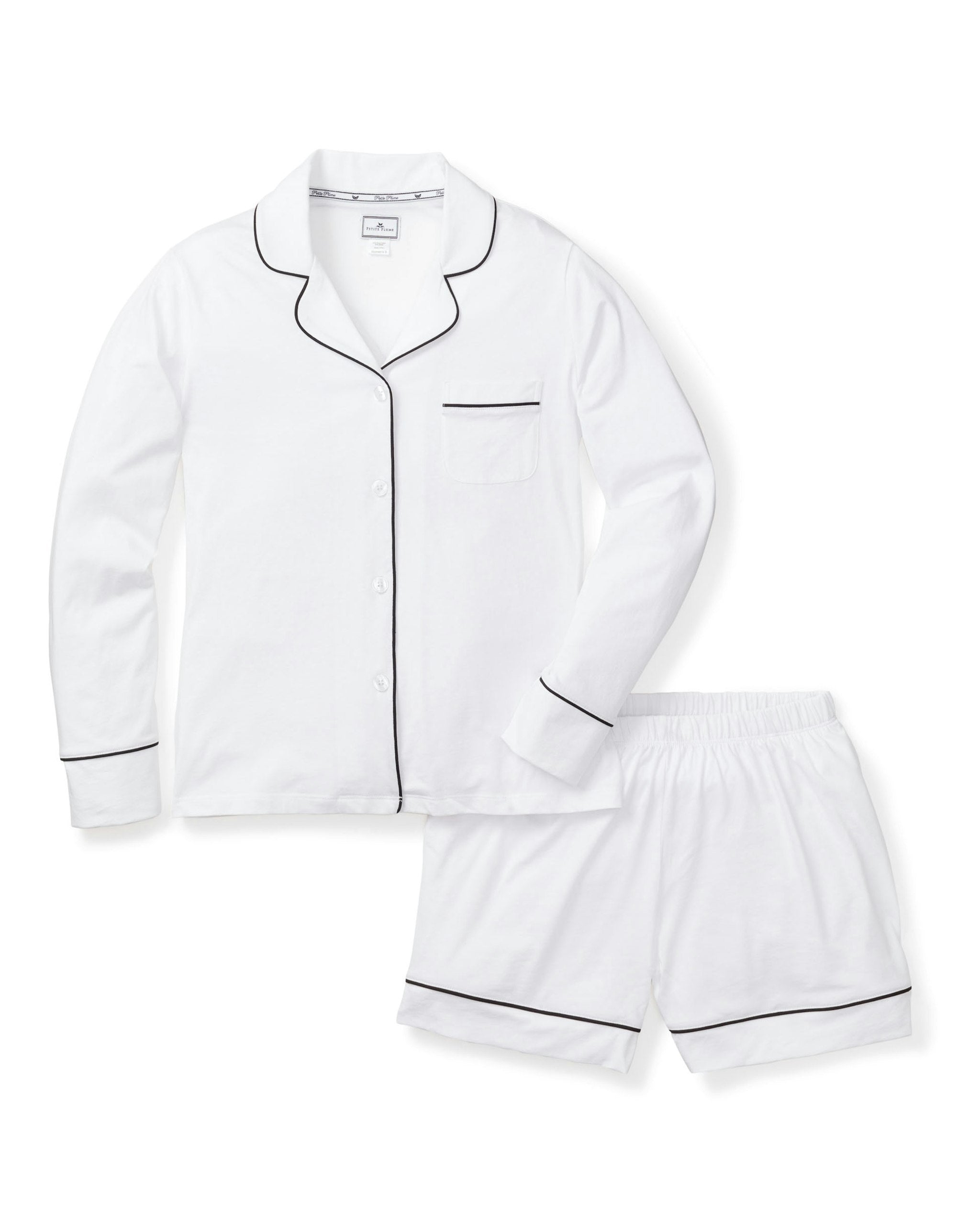 Women's Pima Long Sleeve Short Set in White with Black Piping