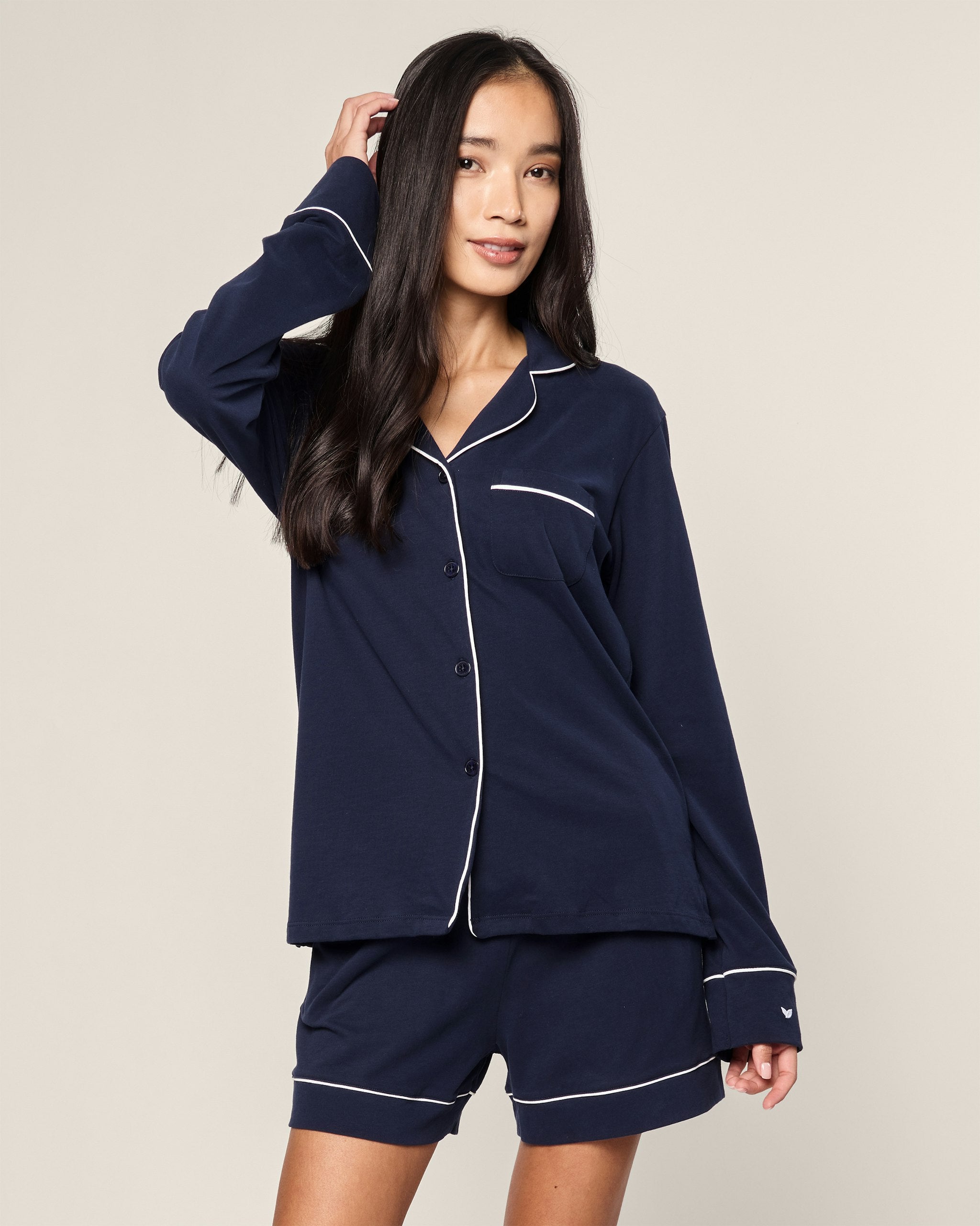 Women's Pima Long Sleeve Short Set in White with Black Piping