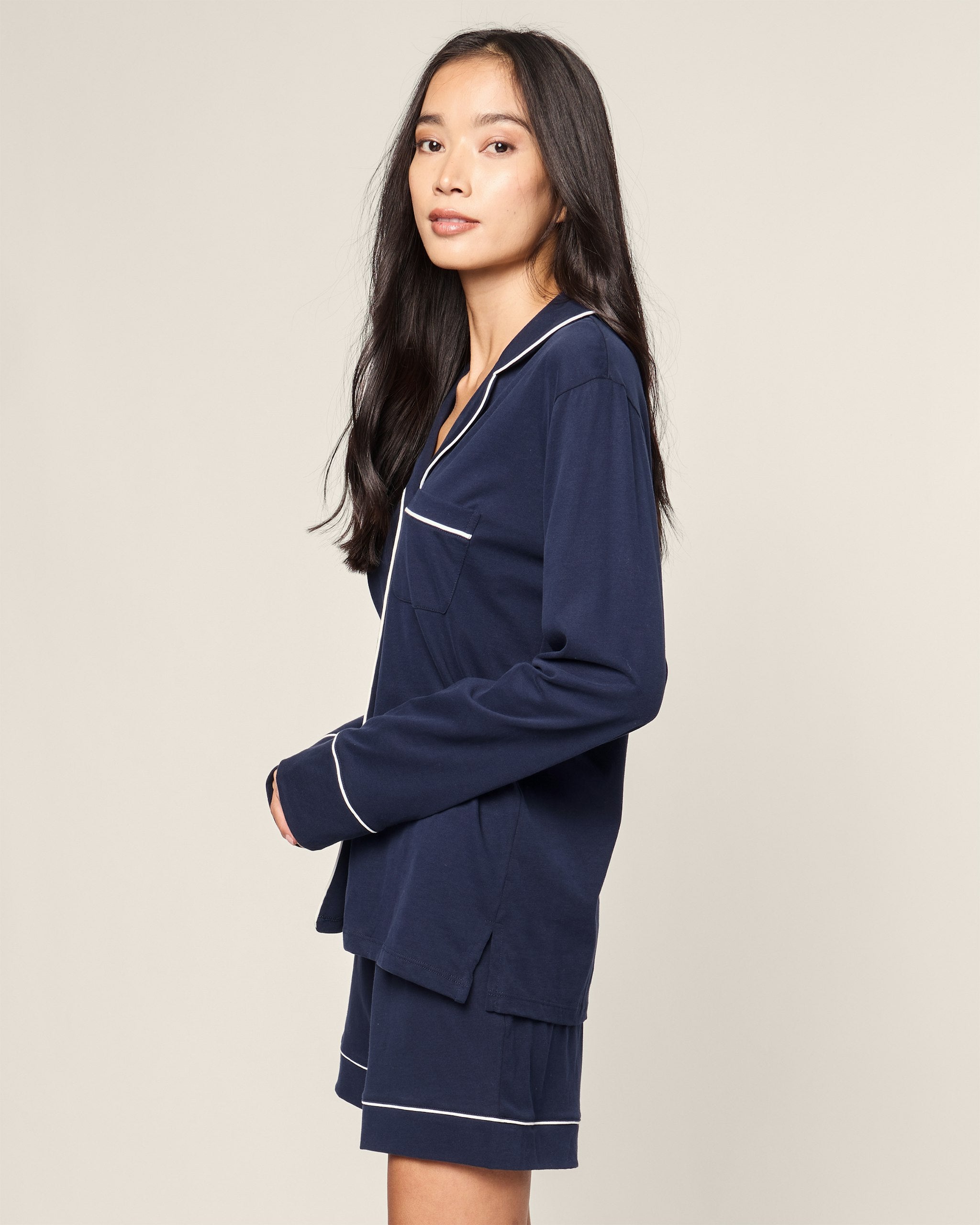 Women's Pima Long Sleeve Short Set in White with Black Piping