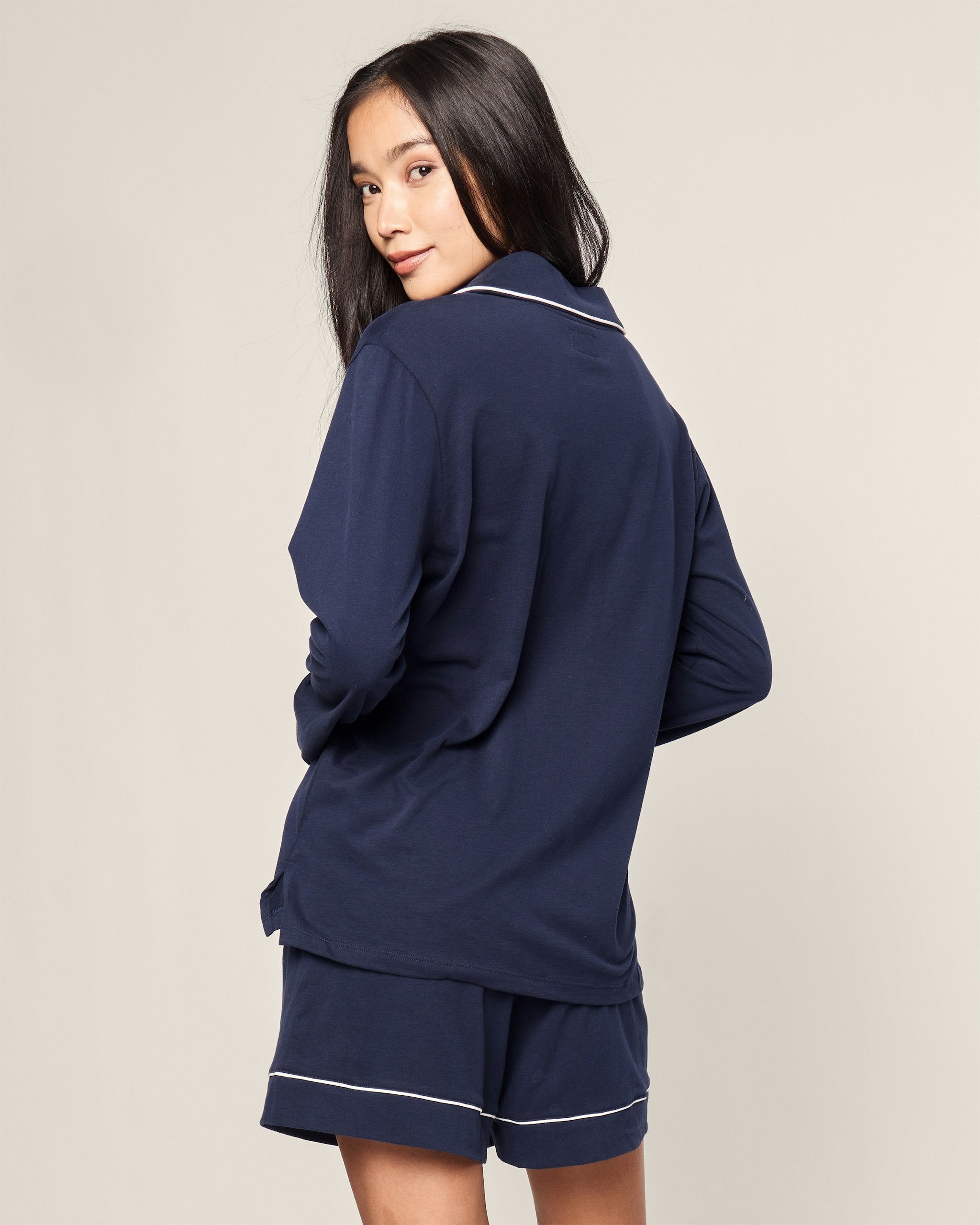 Women's Pima Long Sleeve Short Set in White with Black Piping