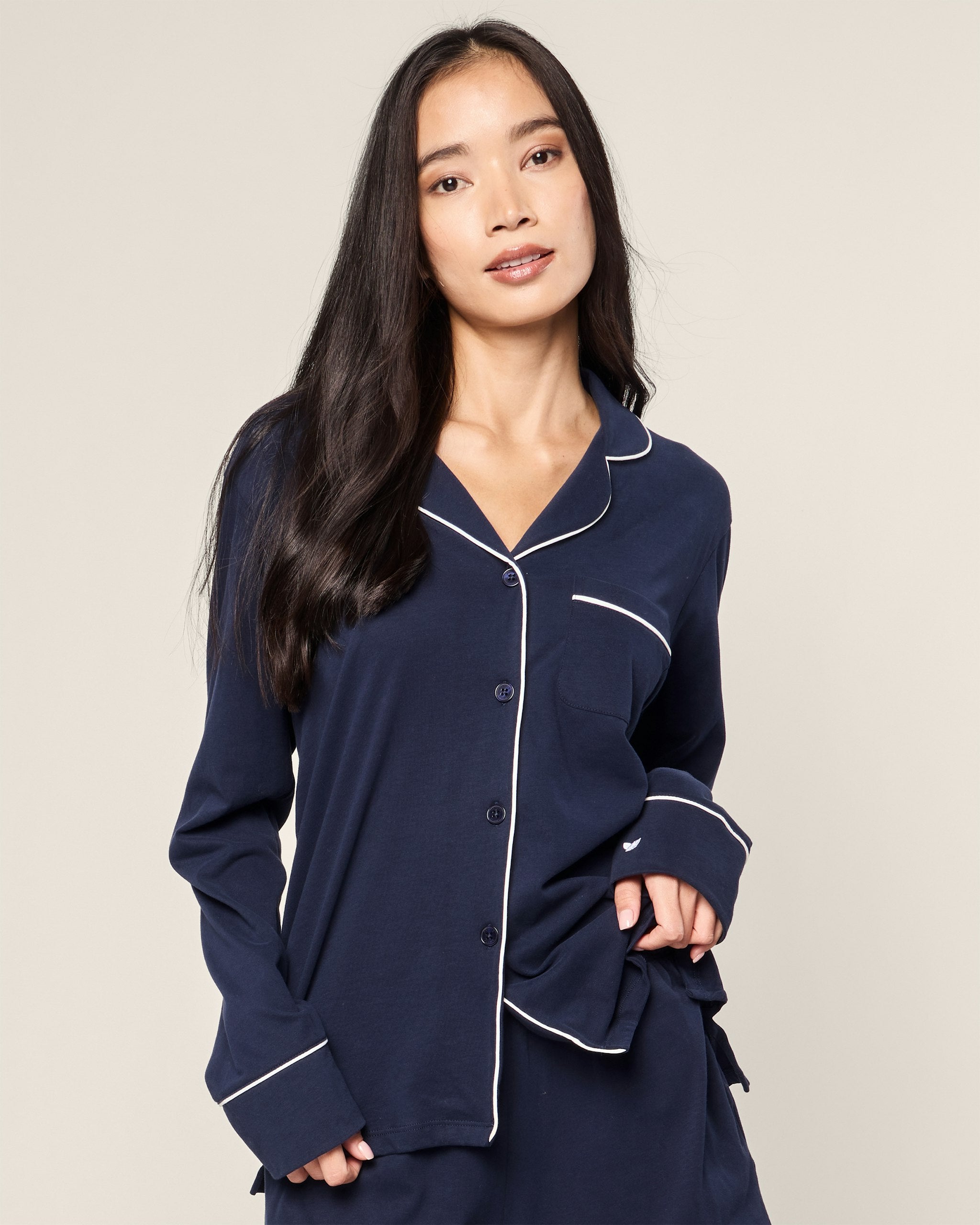 Women's Pima Long Sleeve Short Set in White with Black Piping