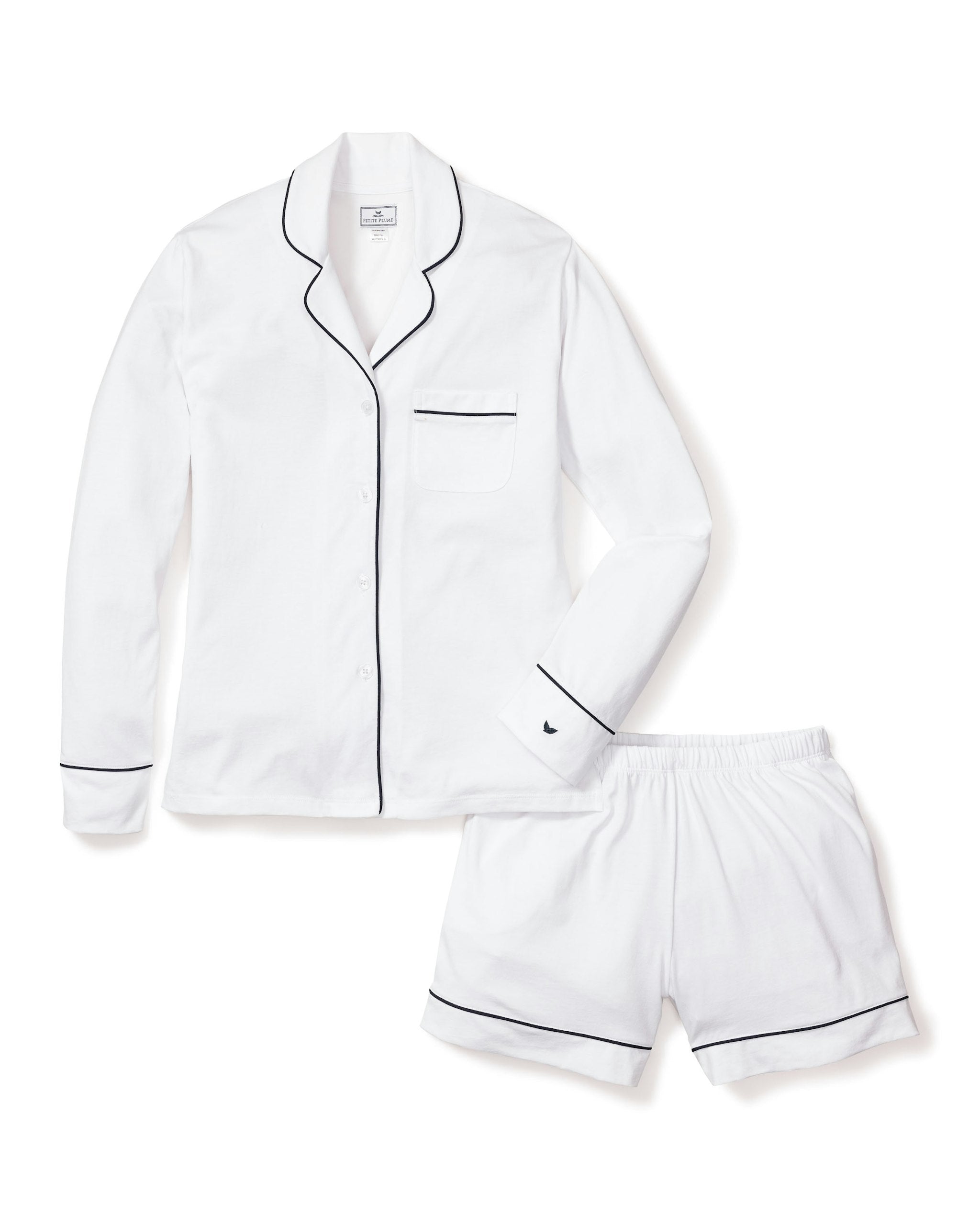 Women's Pima Long Sleeve Short Set in White with Black Piping