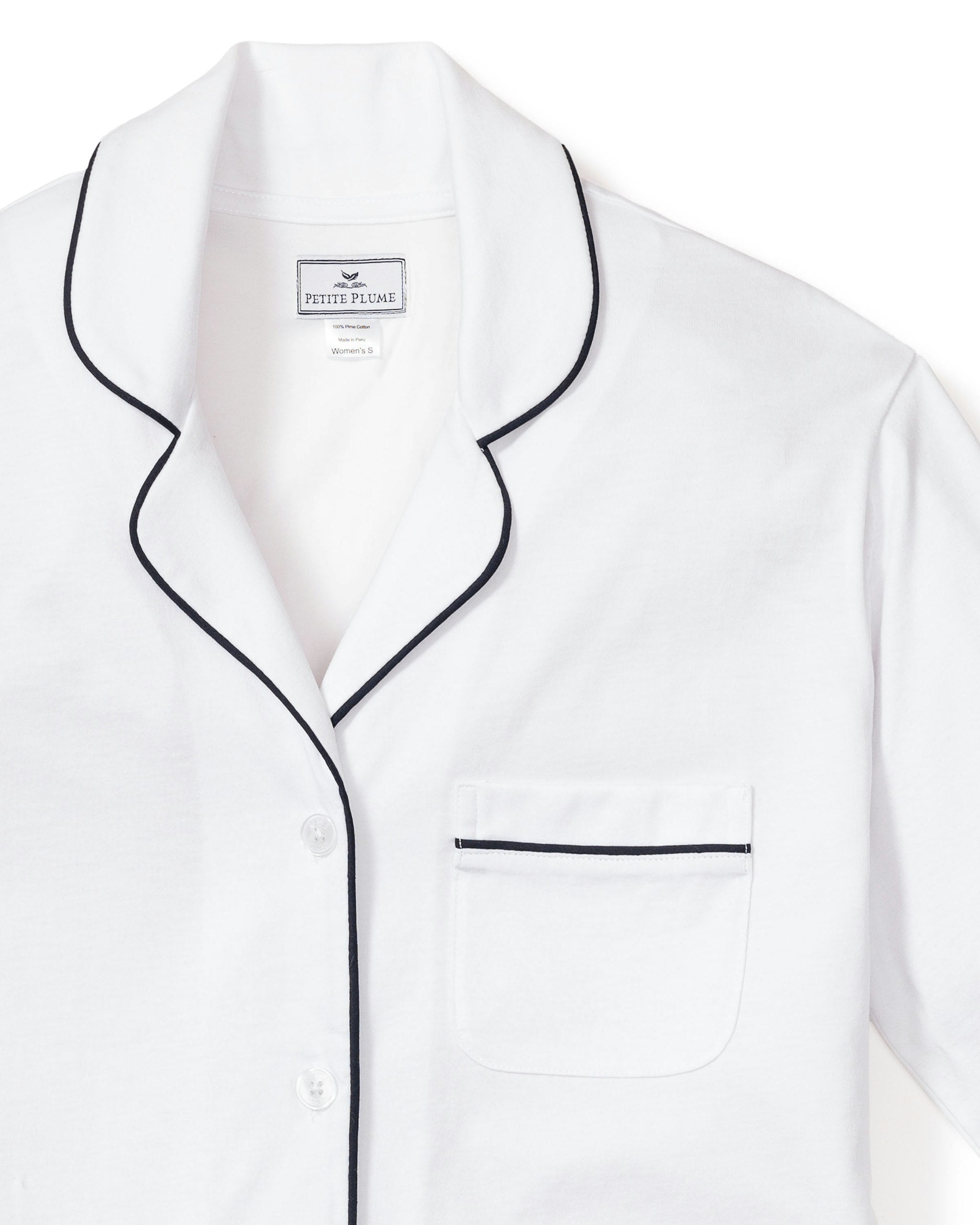 Women's Pima Long Sleeve Short Set in White with Black Piping