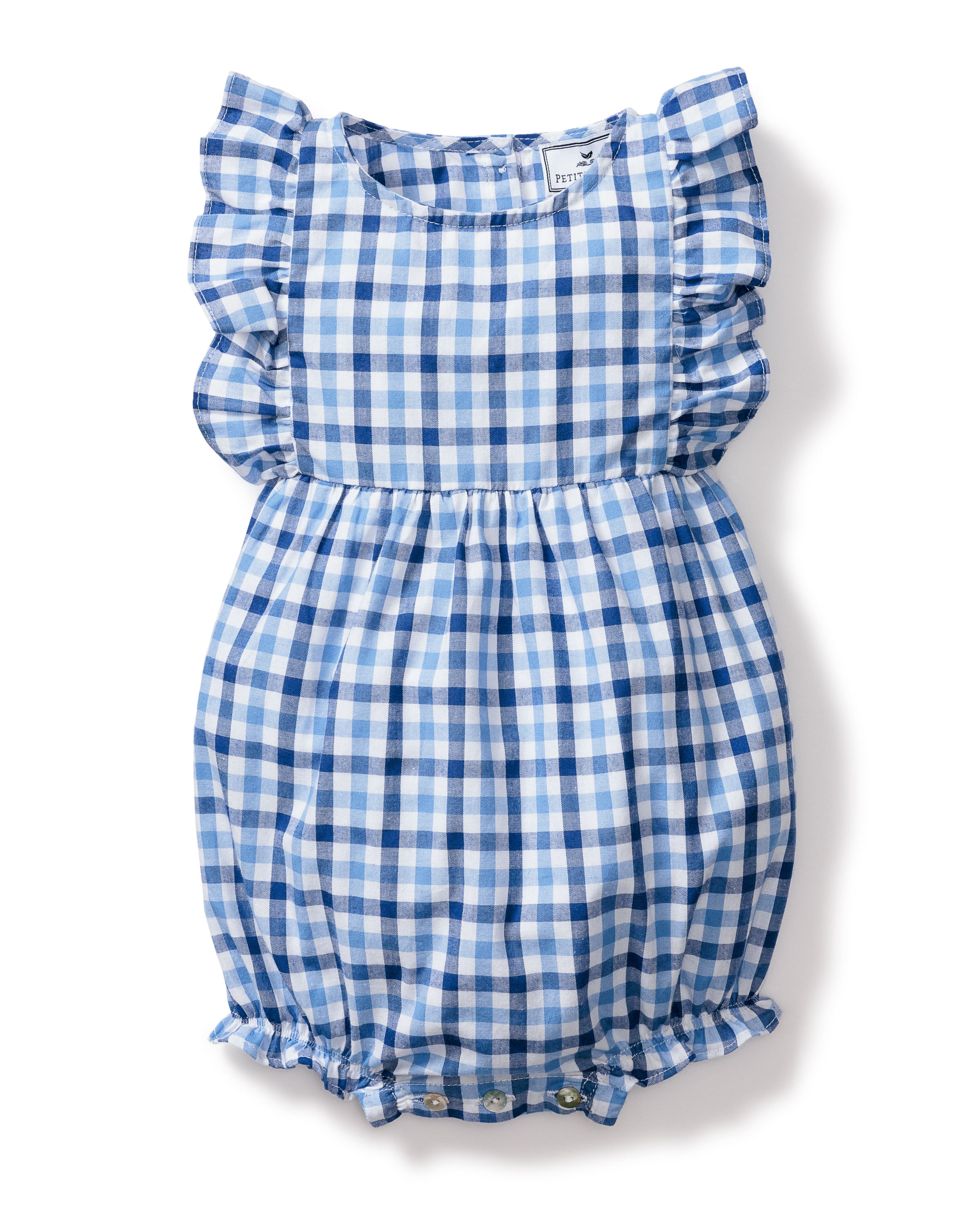 Baby's Twill Ruffled Romper in Light Blue Gingham